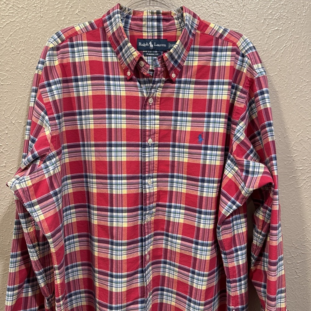 Ralph Lauren Oxford Button Down Shirt XXL Custom Fit Red Plaid OCBD Mens